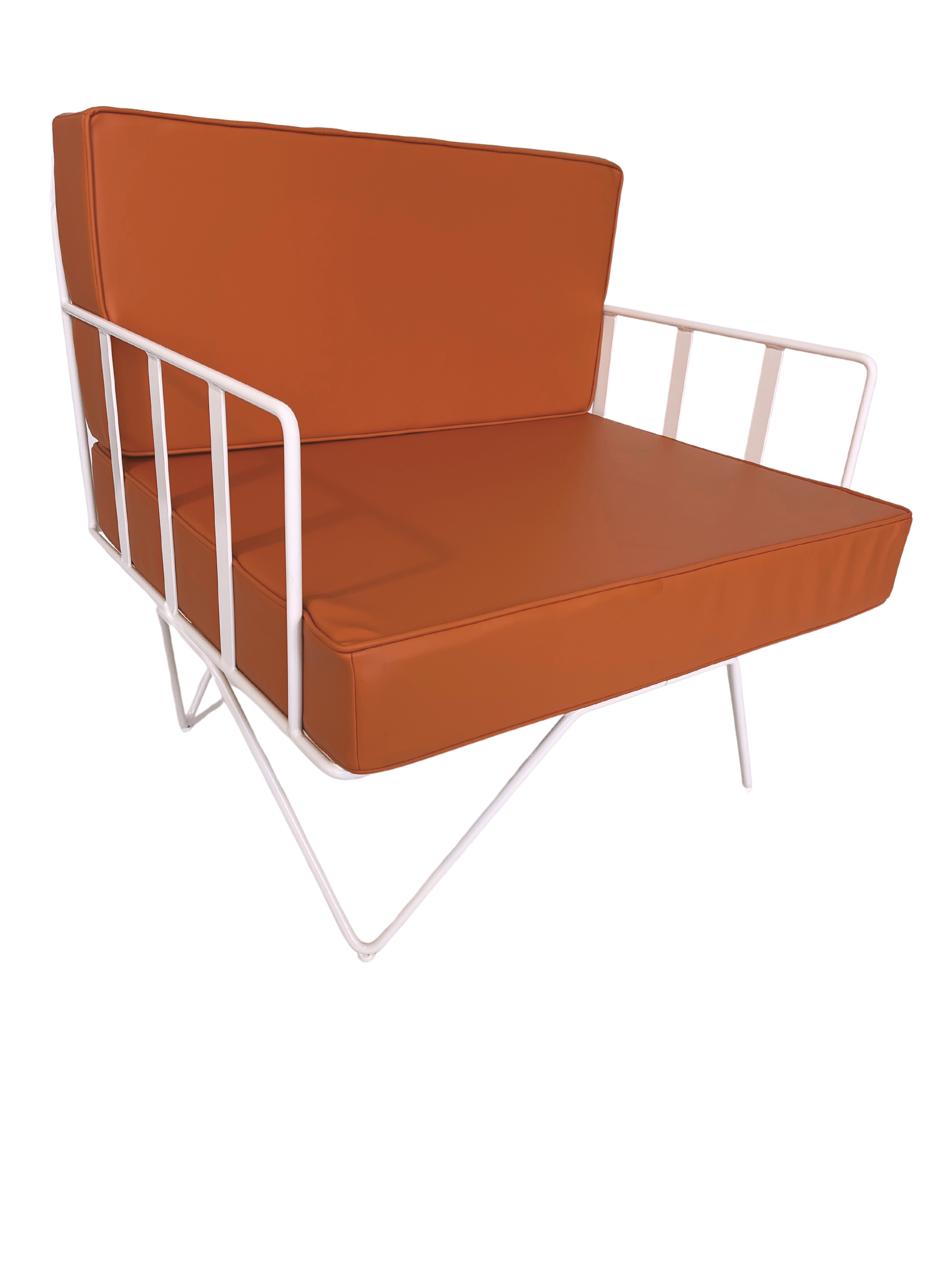 Arm Chair – White Wire – Outdoor – Burnt Orange Leather